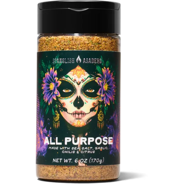 Shaker de All Purpose Seasoning de Spanglish Asadero, con la calavera ilustrada en la etiqueta.