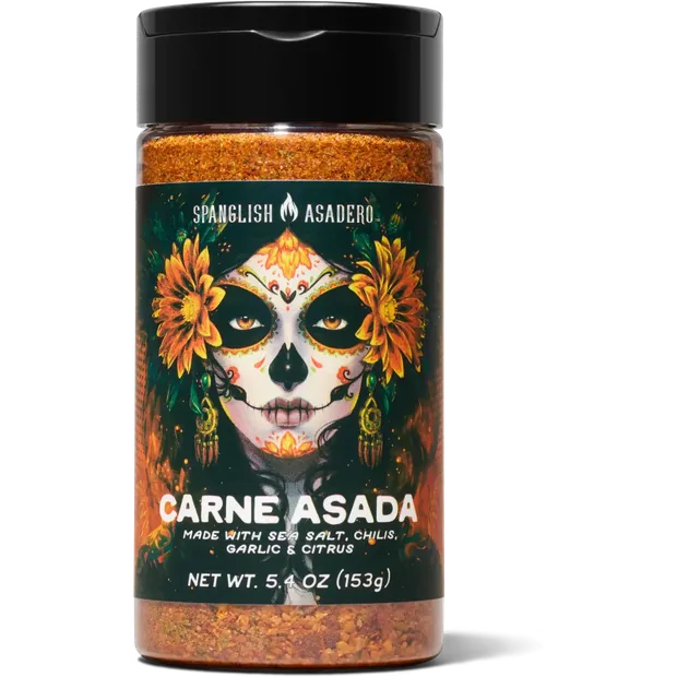 Shaker de Carne Asada Seasoning de Spanglish Asadero, con la calavera ilustrada en la etiqueta.
