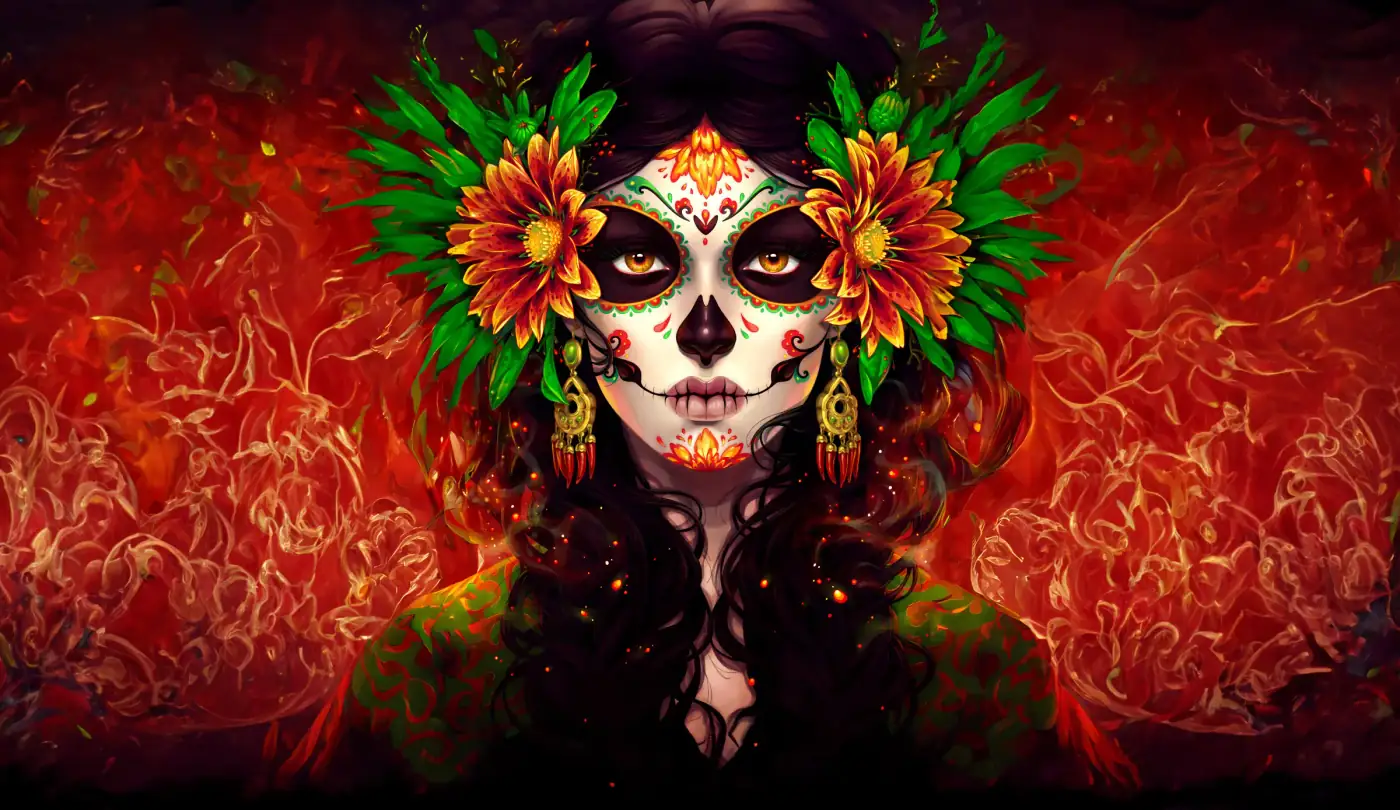 Arte de la catrina de Spanglish Asadero, coronada de flores sobre humo rojo.