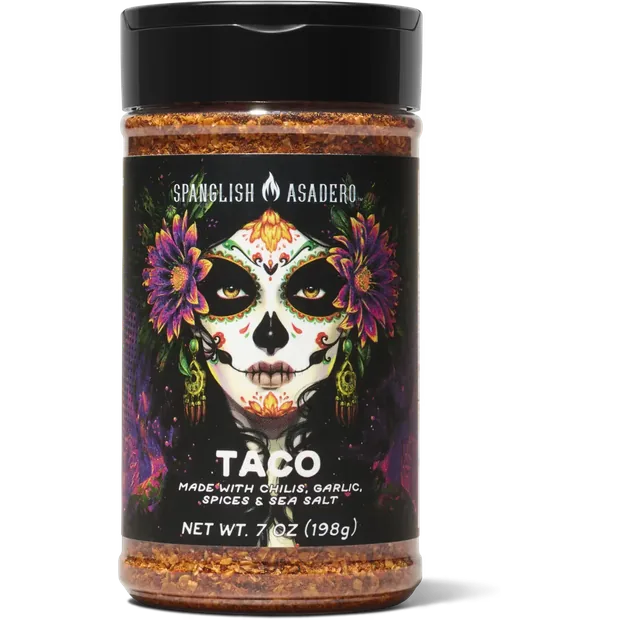Shaker de Taco Seasoning de Spanglish Asadero, con la calavera ilustrada en la etiqueta.